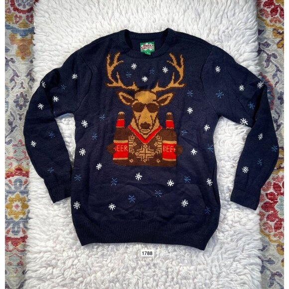 Christmas Party Sweater Mens Blue Med Deer with Beer Sunglasses Long Sleeve - Picture 1 of 7